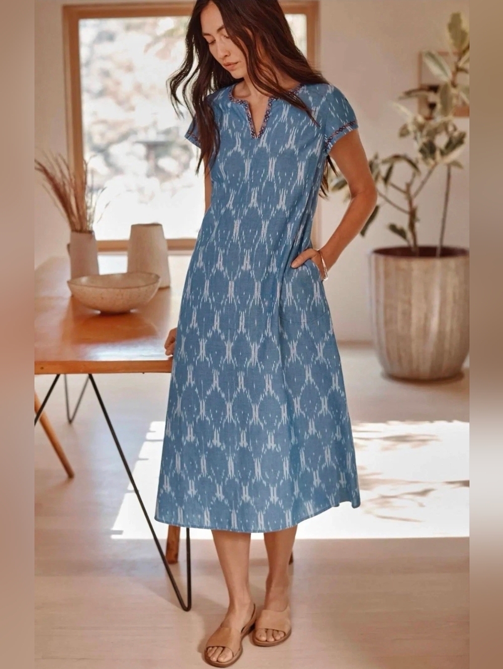 J. Jill Ikat Shift Dress Embroidered Trim Cotton Boho Western Country Tribal